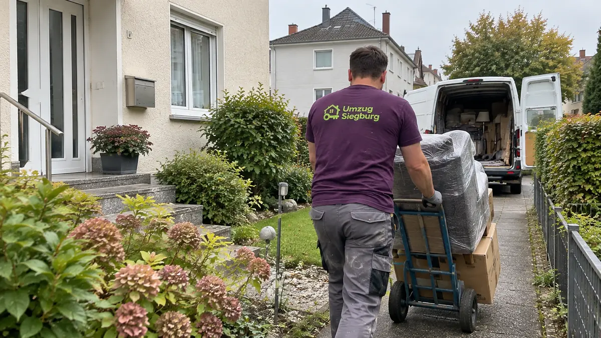 Entrümpelung Siegburg: Umzugshelfer schiebt Sackkarre durch den Vorgarten