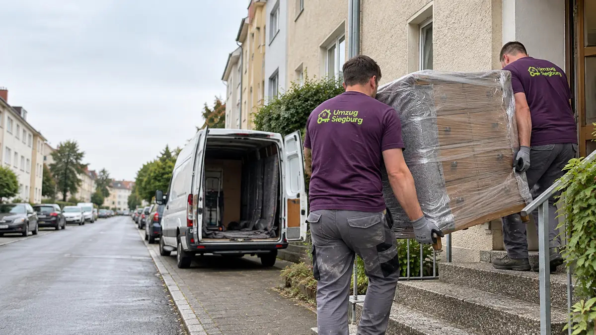 Umzug Siegburg: zwei Umzugshelfer von Umzug Siegburg tragen eine verpackte Kommode die Stufen eines Wohnhauses hinauf