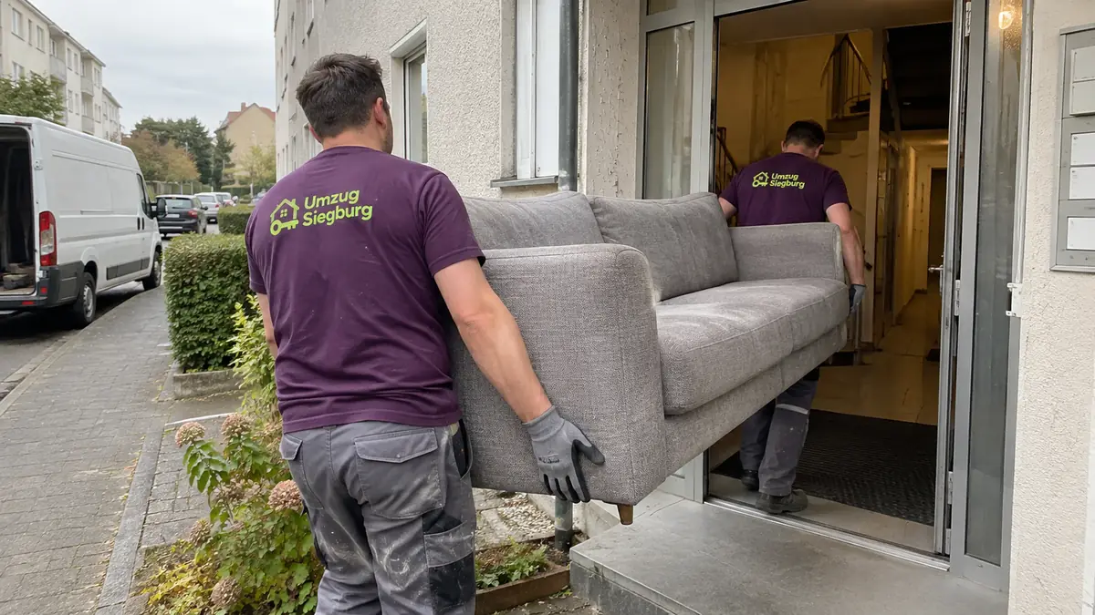 Privatumzug Siegburg: zwei Umzugshelfer tragen ein Sofa ins Haus