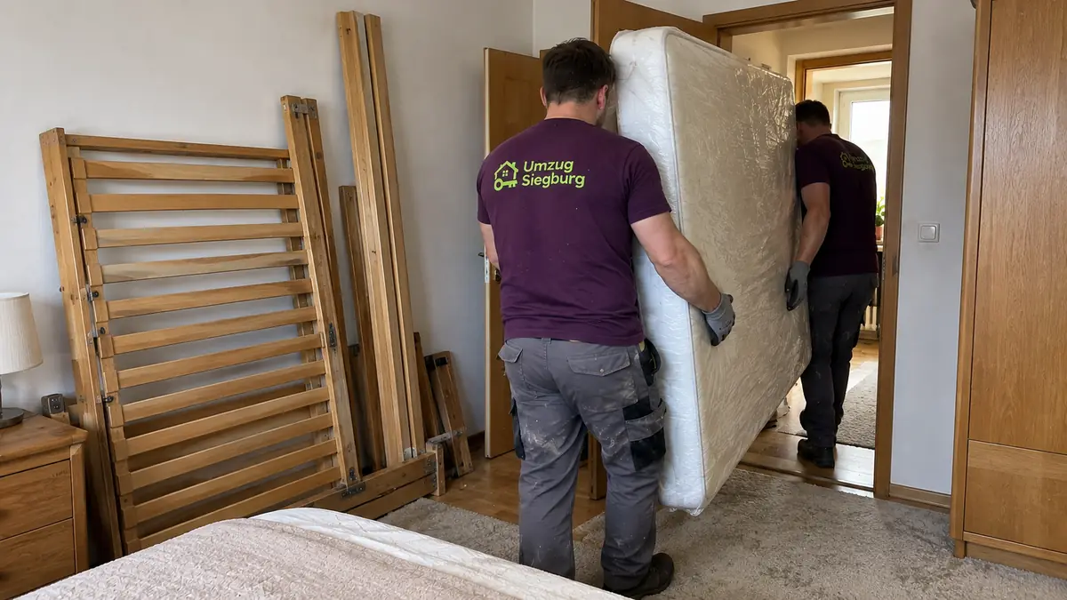 Wohnungsumzug Siegburg: zwei Umzugshelfer tragen eine Matratze